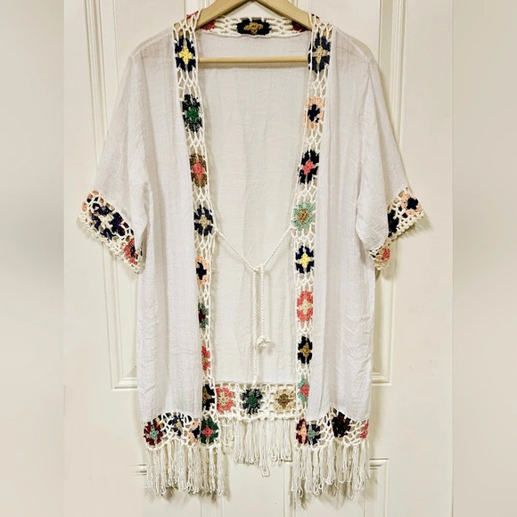 Boho Crochet Embroidery Muticolor White Fringe Tassel Kimono Cardigan size S-M - Picture 1 of 9